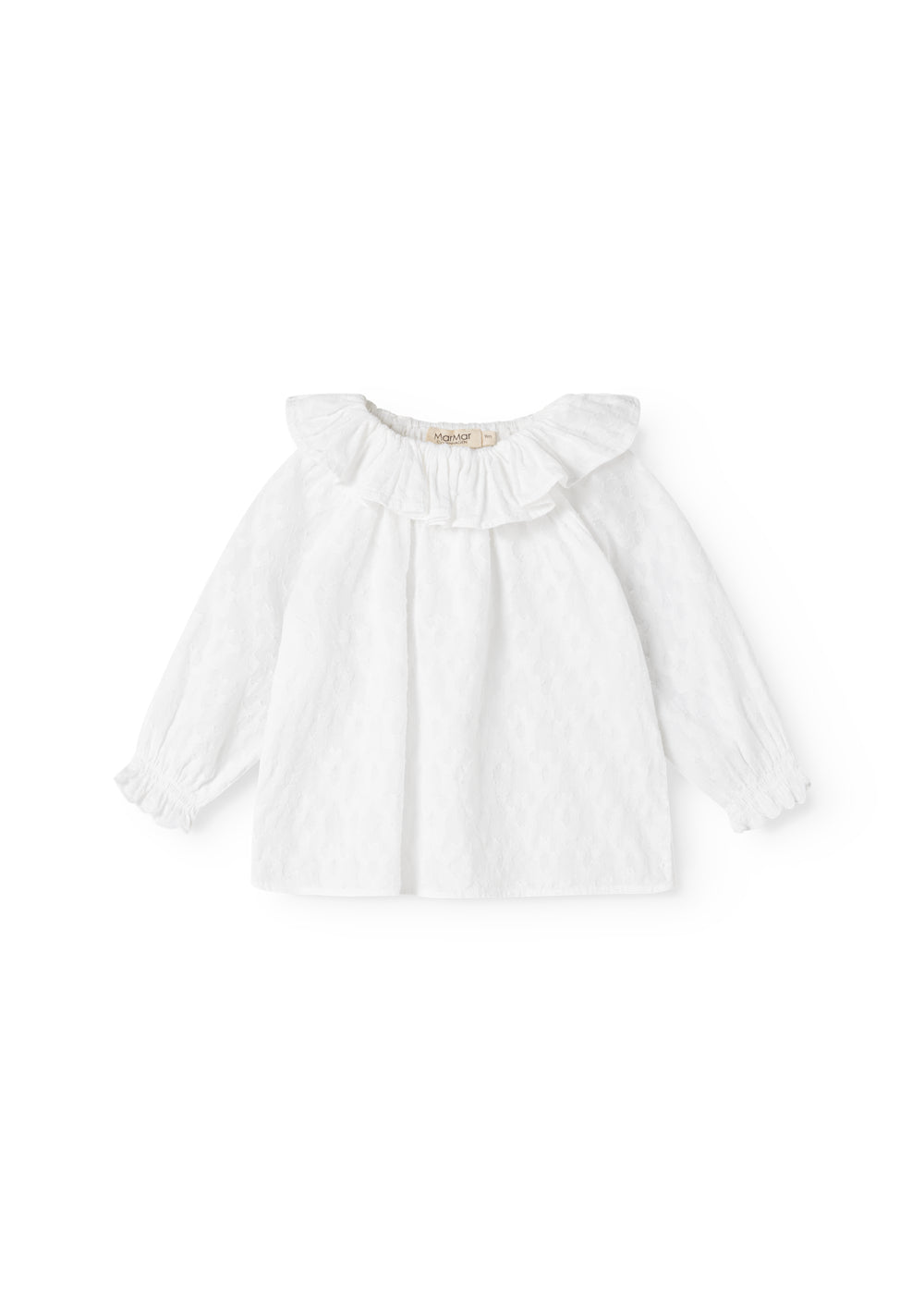 Hvid babybluse med flæsekrave, lange ærmer og let rynket fald