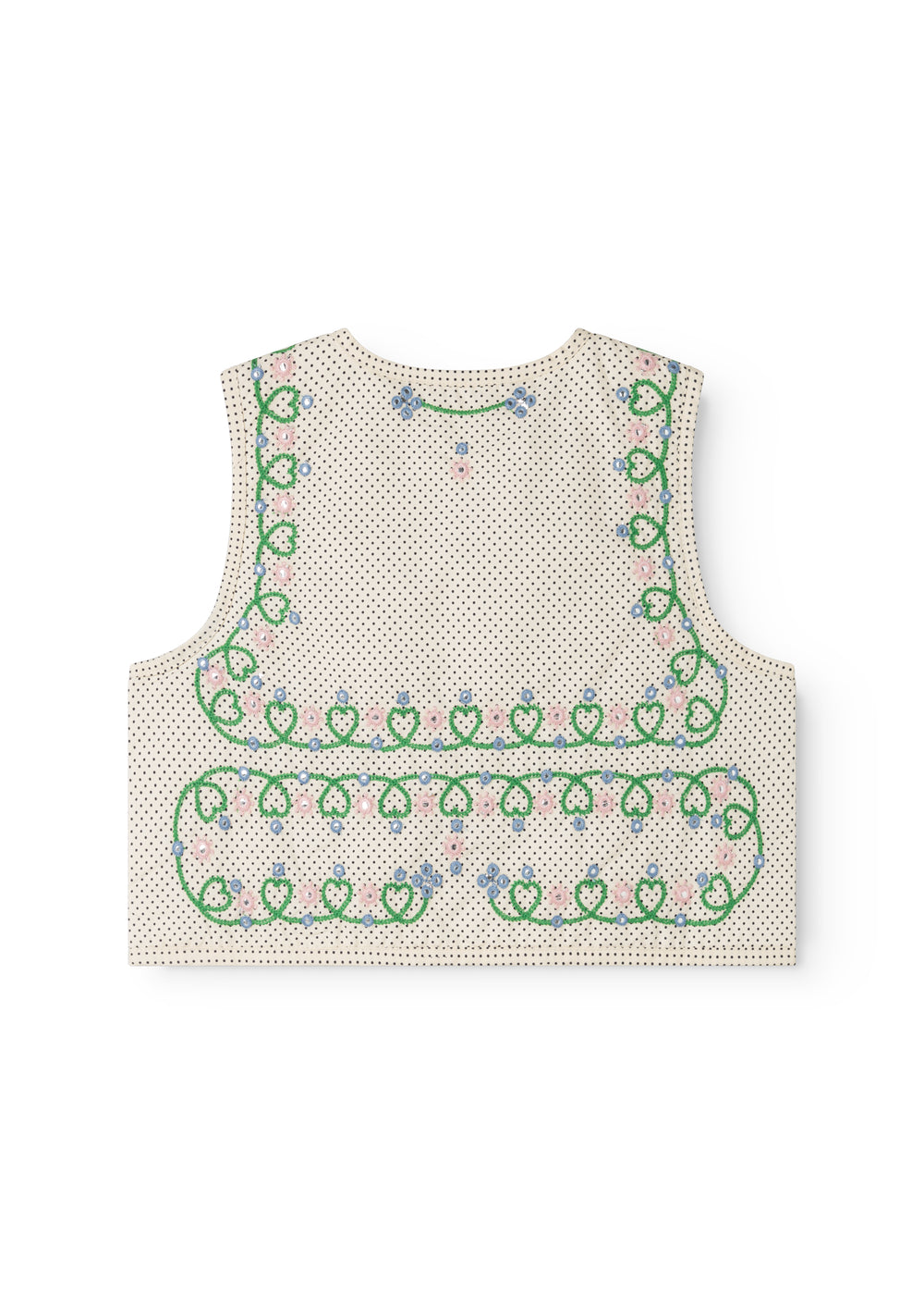 Bagside af prikket børnevest med grøn kantbroderi og blå/lyserøde blomster