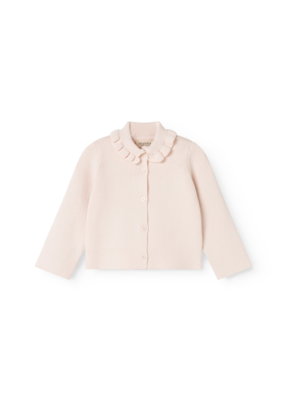 Rosa strikket cardigan med knaplukning og flæsekrave