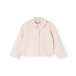 Rosa strikket cardigan med knaplukning og flæsekrave