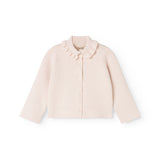 Rosa strikket cardigan med knaplukning og flæsekrave