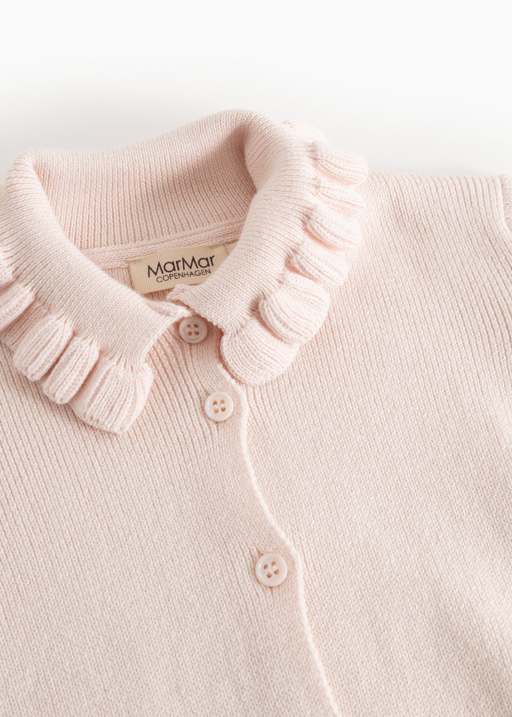 Lyserosa strikket cardigan med flæsekrave og knapper ved front