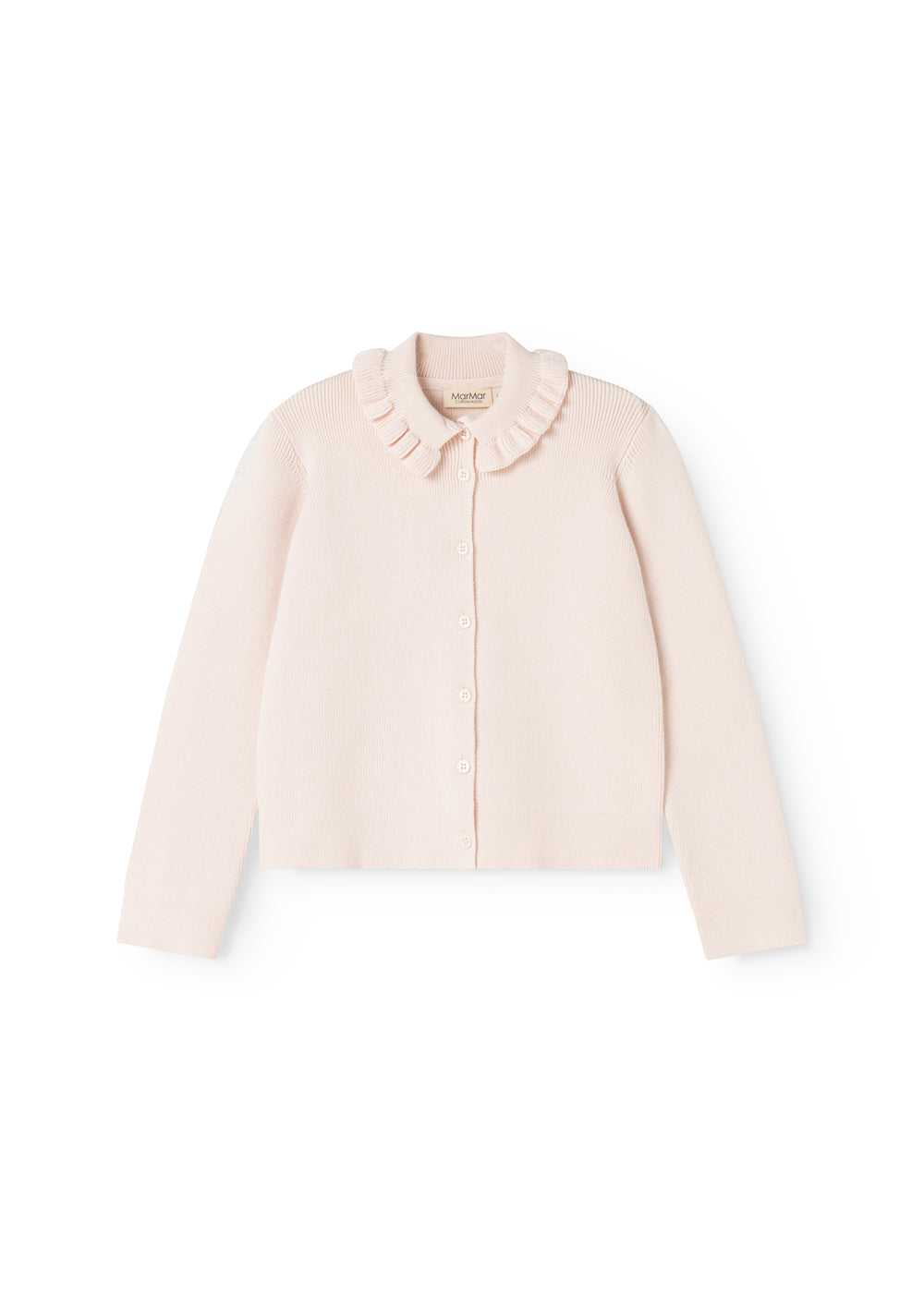 Tilda strikket cardigan i lyserosa med knaplukning og flæserkrave