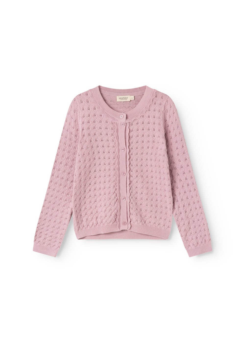 Strikket babycardigan i soft berry med knaplukning og rund hals