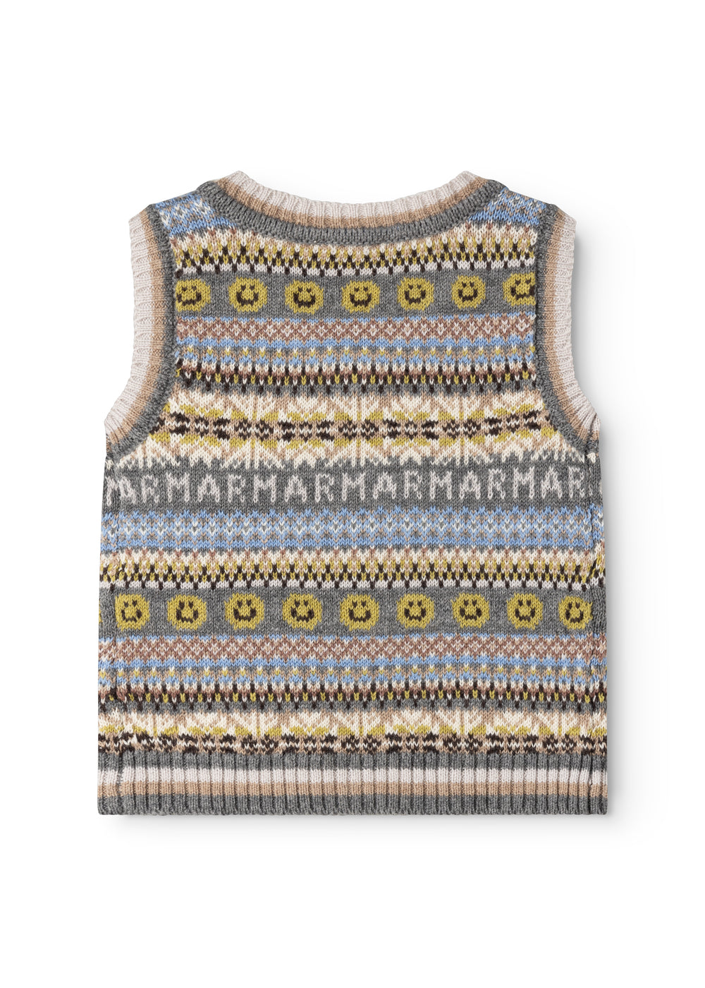 Strikvest med Fair Isle-mønster og V-hals, grå med blå og gule grafiske felter.