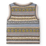 Strikvest med Fair Isle-mønster og V-hals, grå med blå og gule grafiske felter.