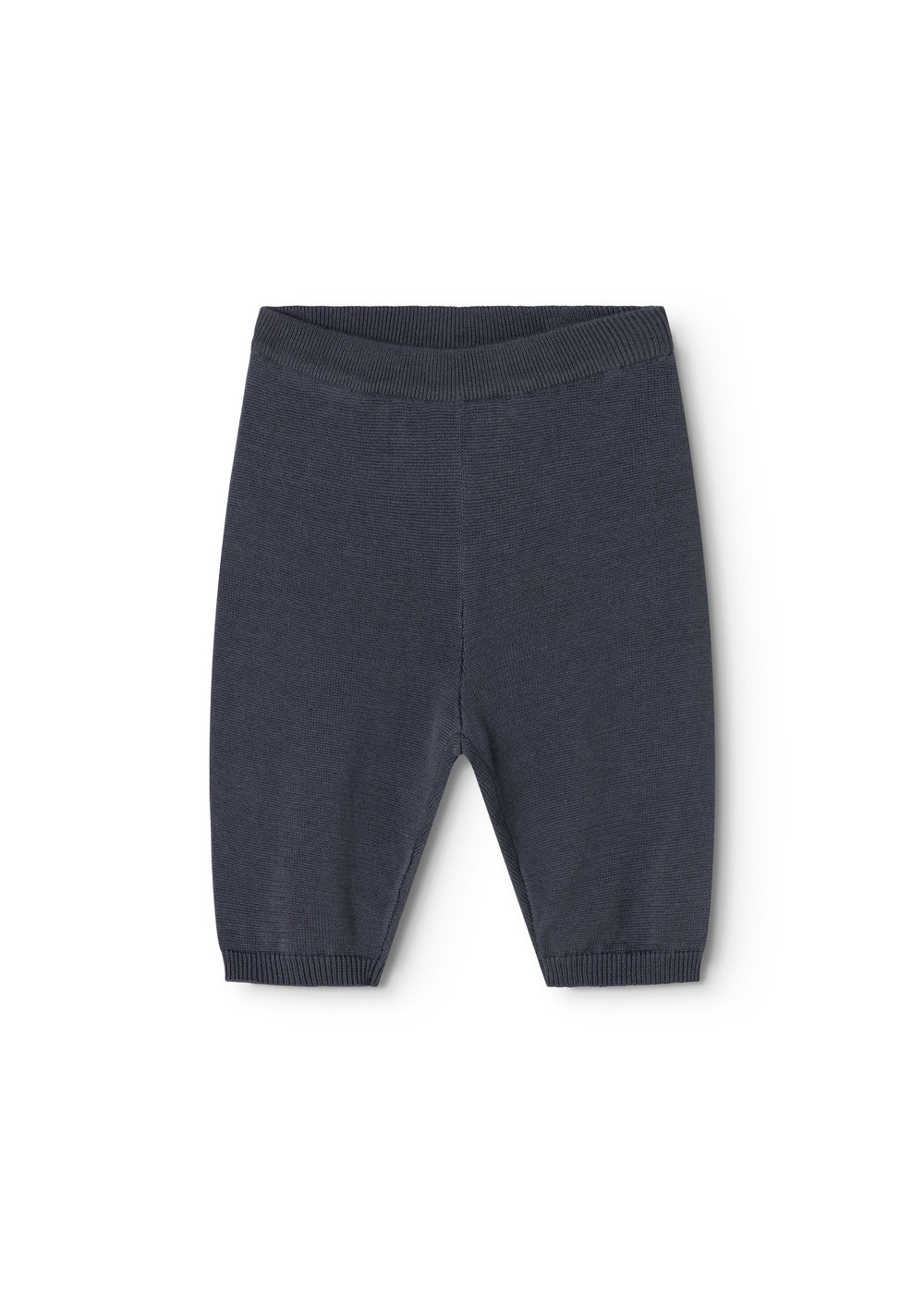 Blå babybukser med lige ben og ribkant ved benafslutning.