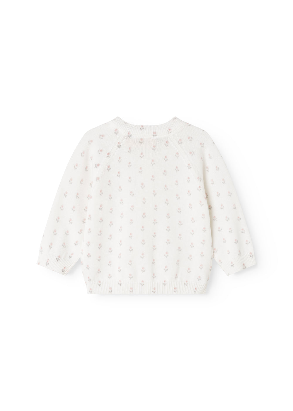 Hvid strikket cardigan med rund hals og ensartet blomsterprint