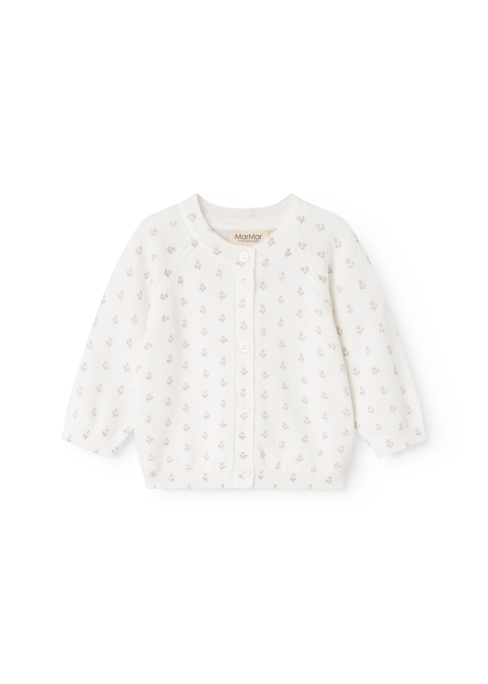Hvid strikket cardigan med knaplukning og små blomsterprint, lange ærmer