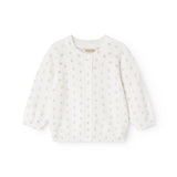 Hvid strikket cardigan med knaplukning og små blomsterprint, lange ærmer