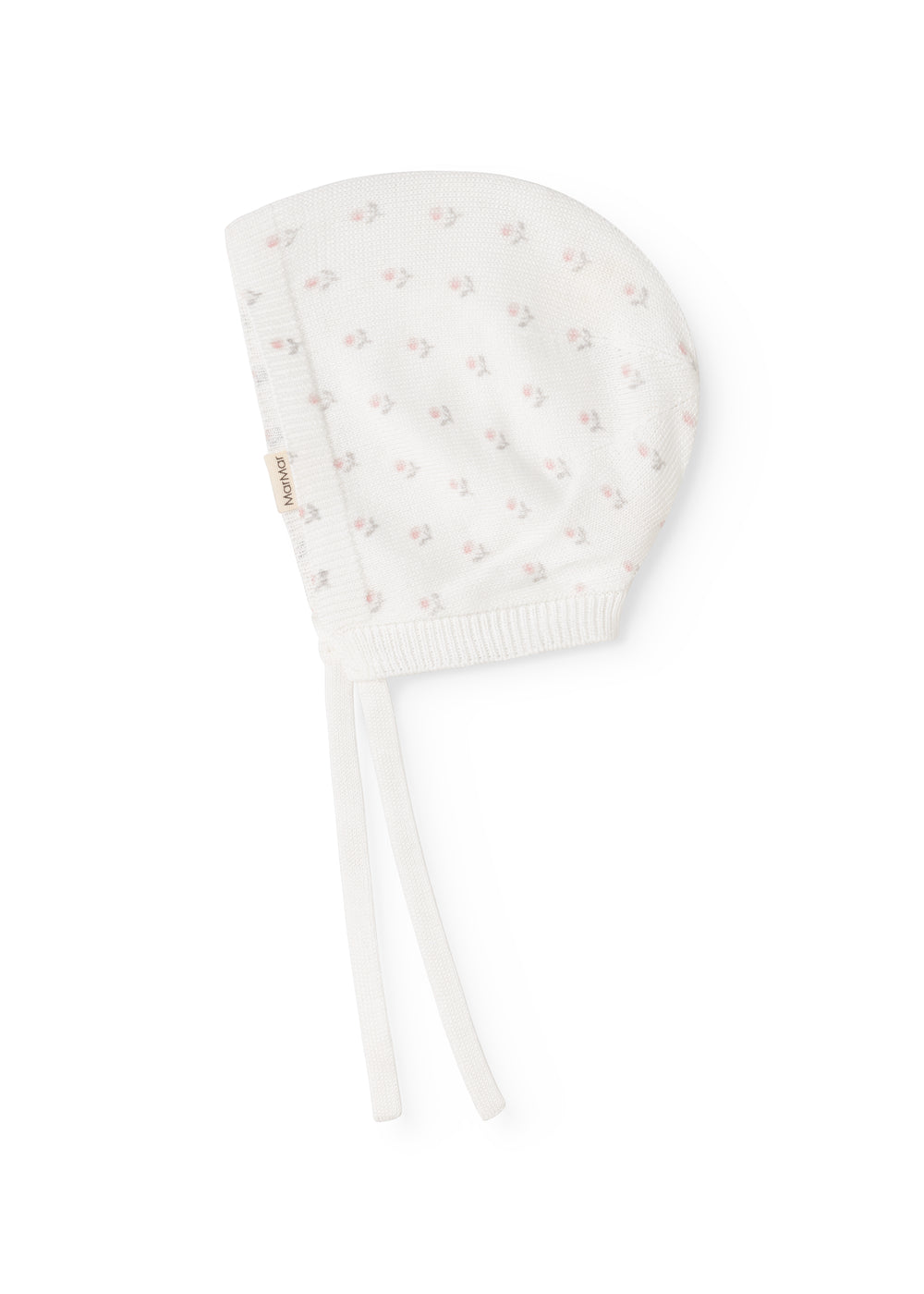 Babyhue med blomsterprint og ribkant, med to lange bindesnore