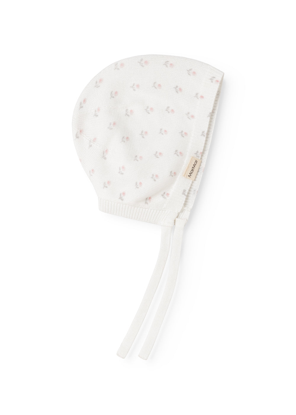 Babyhue med blomsterprint, ribkant og lange hvide bindesnore