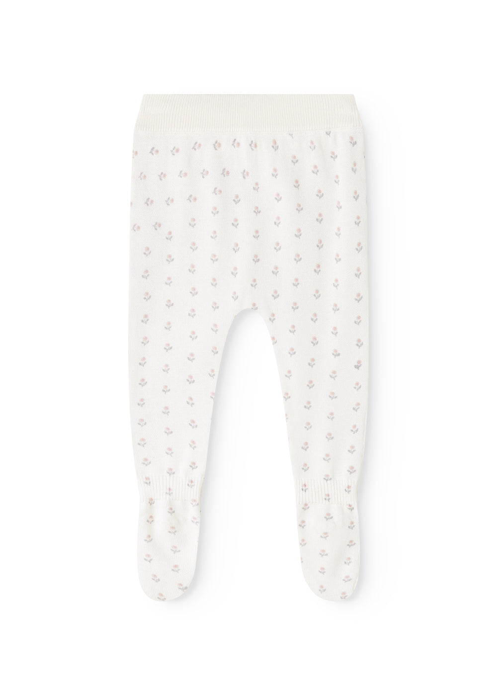 Strikbukser til baby i hvid med små blomsterprint, elastisk linning og lange ben.