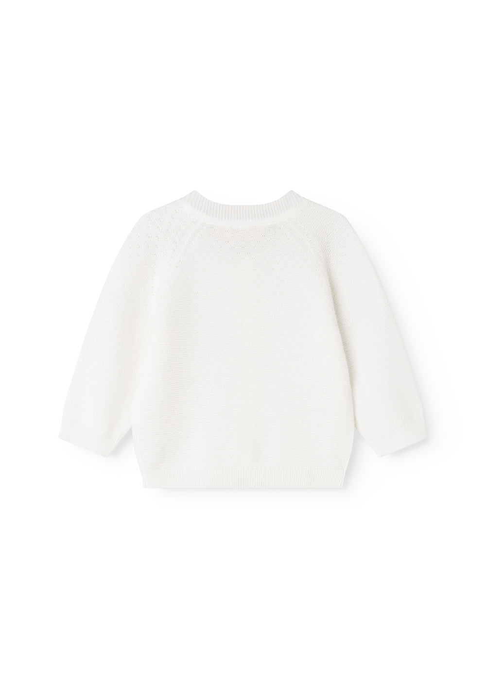 Hvid strikket babycardigan med lange ærmer og rund hals (ryg)