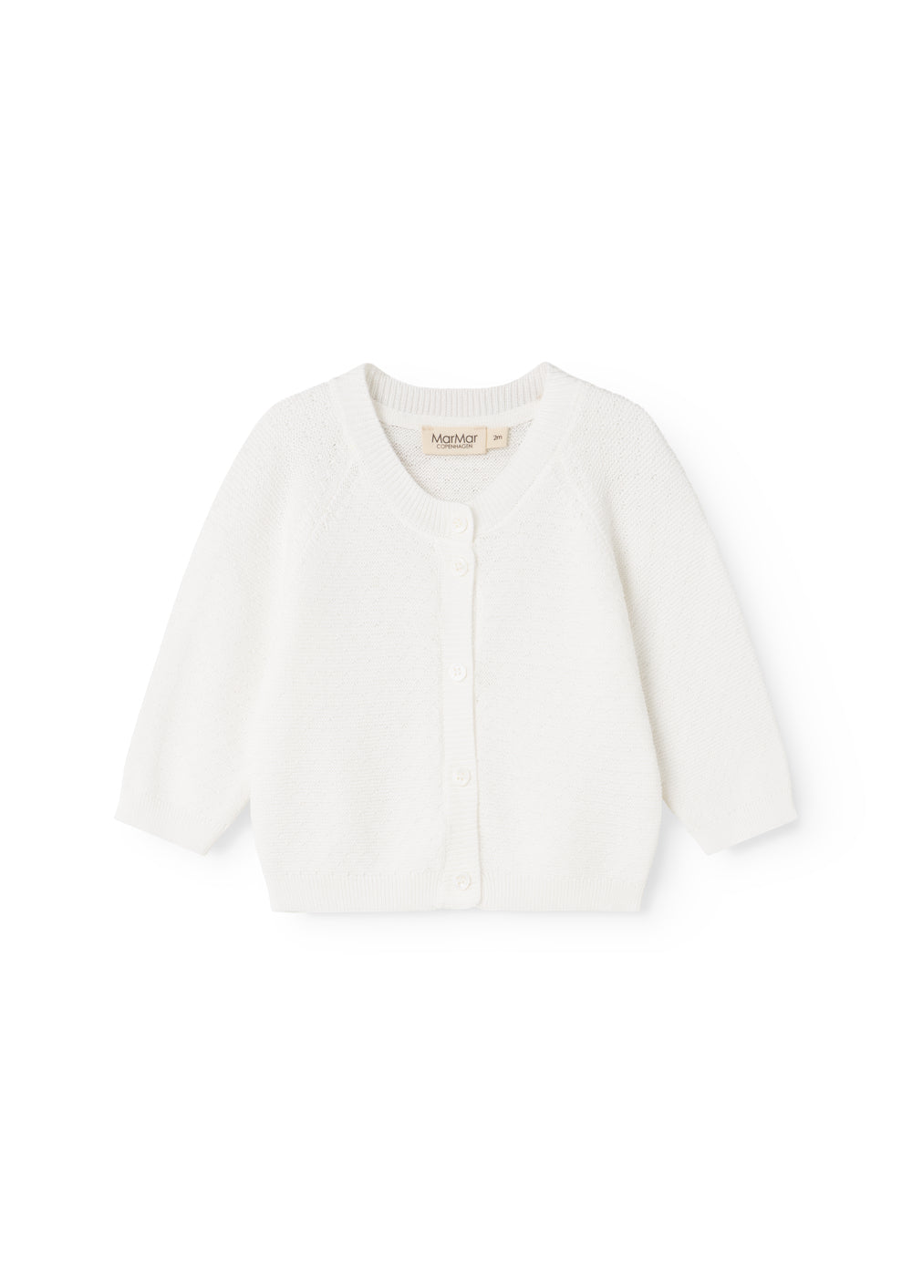 Hvid strikket babycardigan med knaplukning foran og rund hals