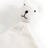 Hvid nusseklud med bamsehoved i teddystof, broderet næse og øjne