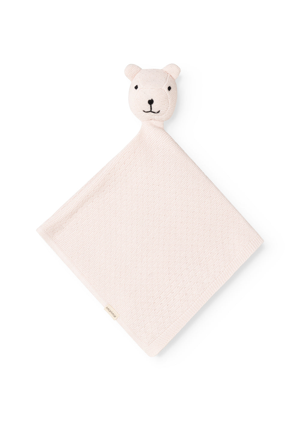 Nusseklud i rosa teddystof med bamsehoved og kvadratisk sutteklud form