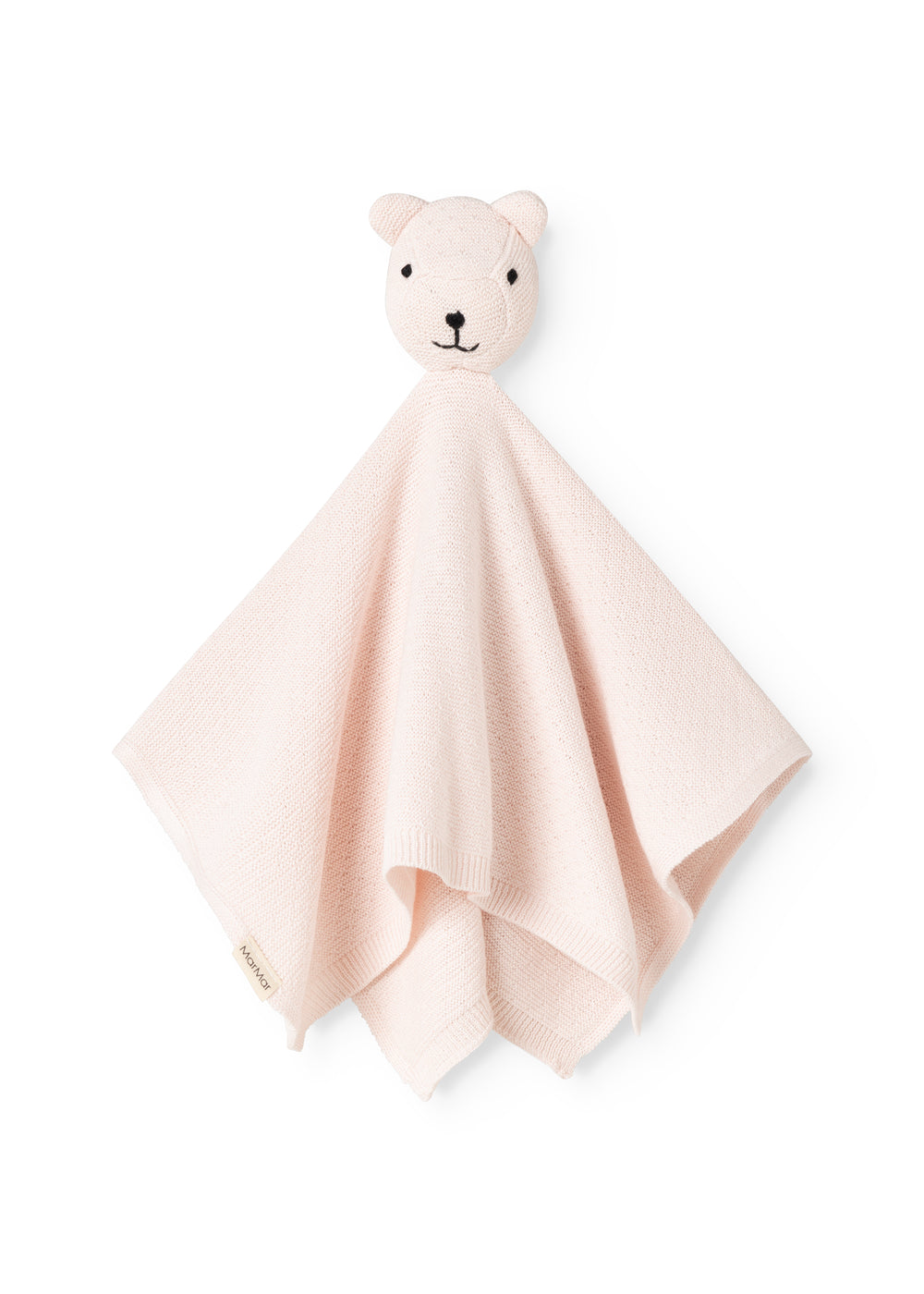 Nusseklud i rosa teddystof med bamsehoved og broderet ansigt