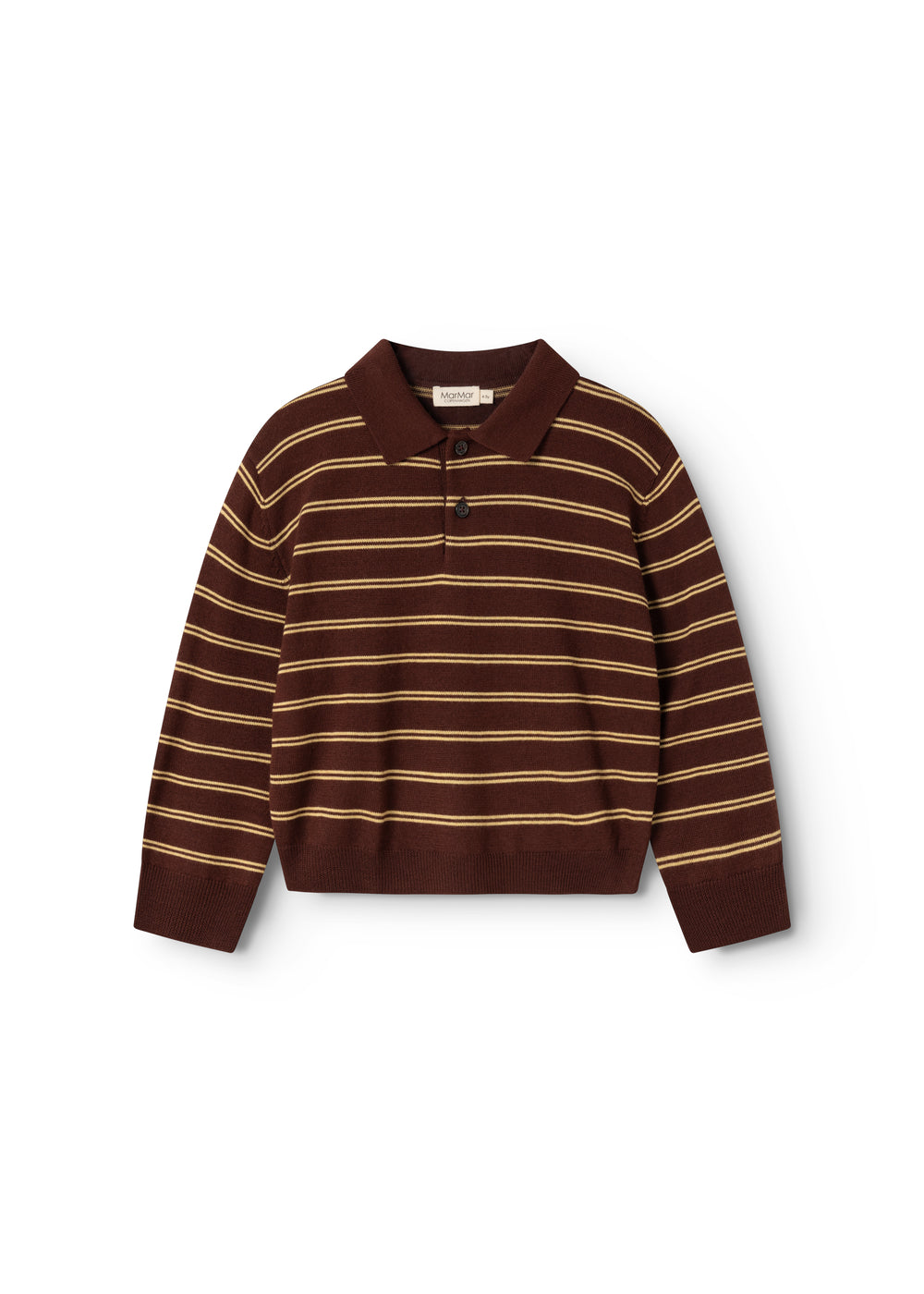 Brun strikpolo med vandrette beige striber og knappet stolpe