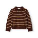 Brun strikpolo med vandrette beige striber og knappet stolpe