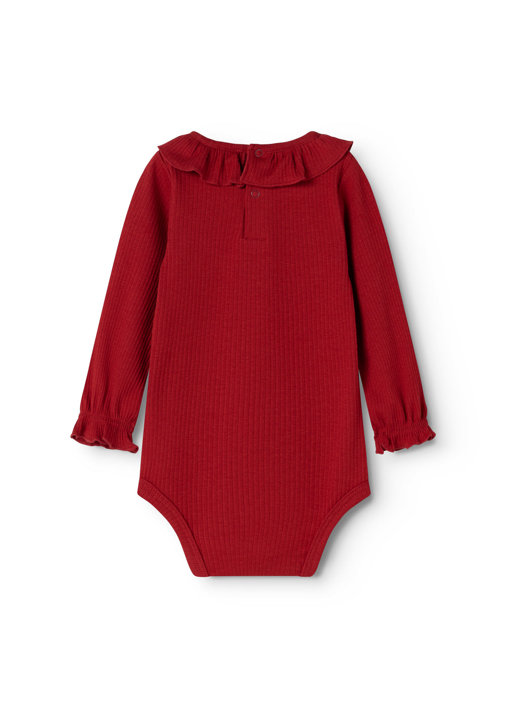 Kirsebærrød bodystocking med flæsekrave og lange ærmer, lukket krop.