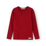 Rød langærmet T-shirt med tre knapper ved halsen