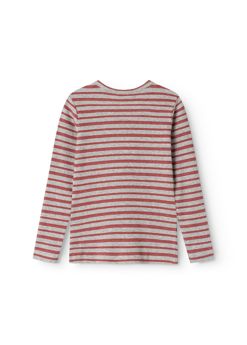 Tani langærmet T-shirt i grå med røde striber, rund hals og lange ærmer