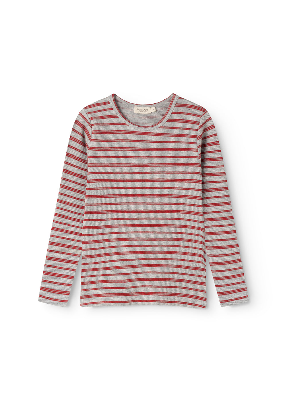 Tani langærmet T-shirt i grå med røde vandrette striber og rund hals
