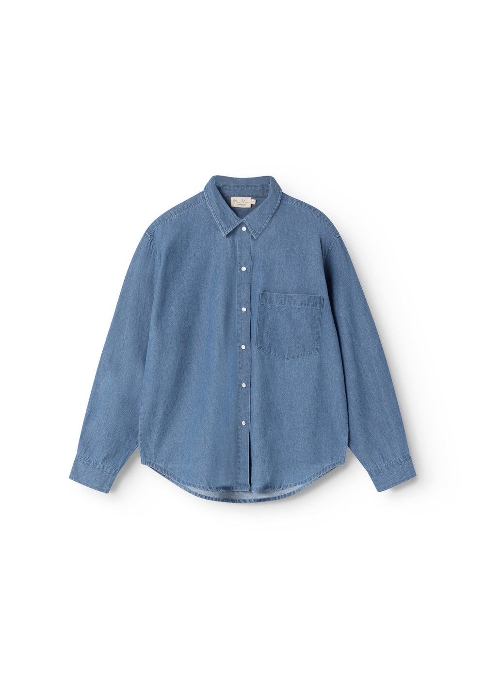 Blå denimskjorte med knapper og brystlomme, klassisk krave og lange ærmer