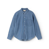 Blå denimskjorte med knapper og brystlomme, klassisk krave og lange ærmer