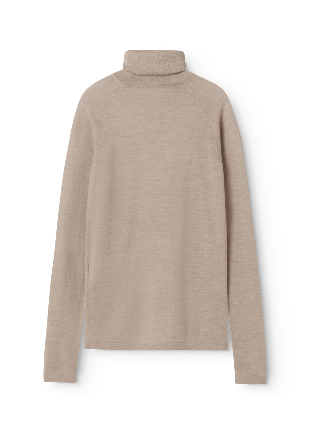 Beige meleret bluse med høj hals, lange ærmer og lige fald