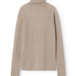 Beige meleret bluse med høj hals, lange ærmer og lige fald