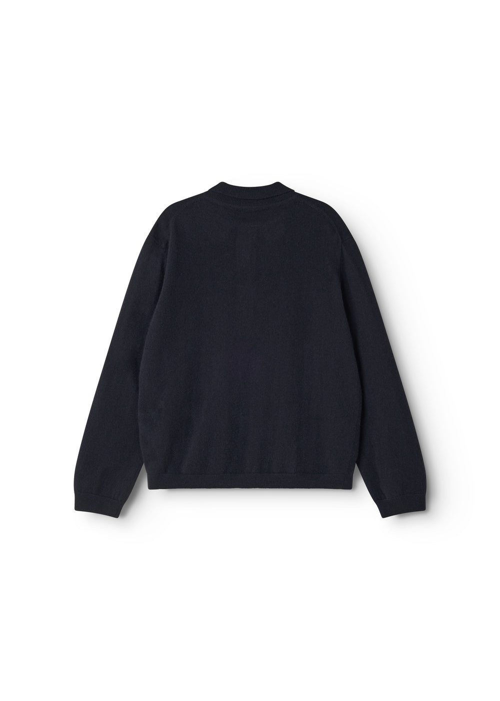 Mørk indigo kashmircardigan bagpå med rund hals og ribkant