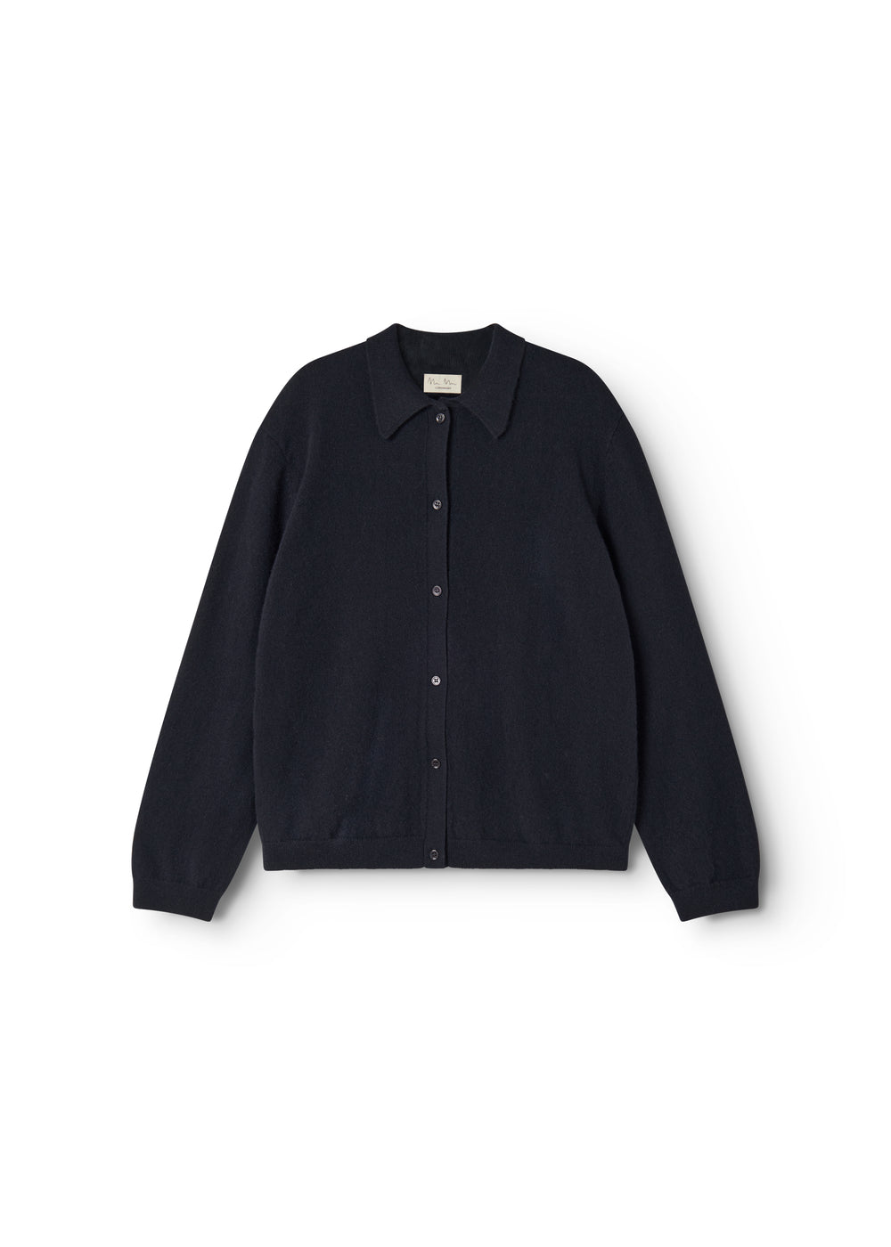 Mørk indigo kashmircardigan med knapper og krave, lange ærmer