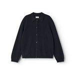 Mørk indigo kashmircardigan med knapper og krave, lange ærmer