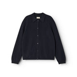 Mørk indigo kashmircardigan med knapper og krave, lange ærmer